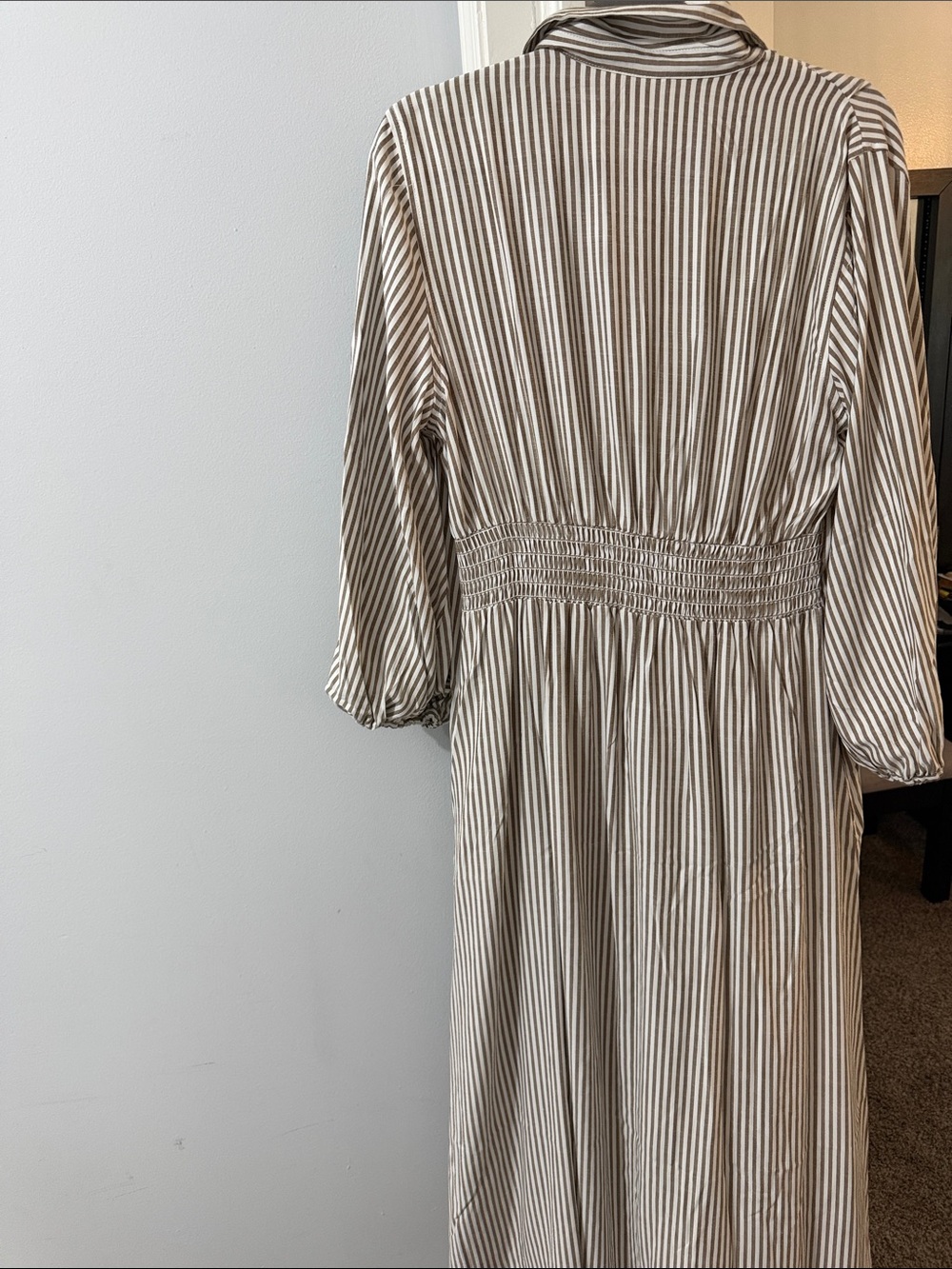 Max Studio Striped Collared Midi Dress in Beige and White - Picture 3 of 4
